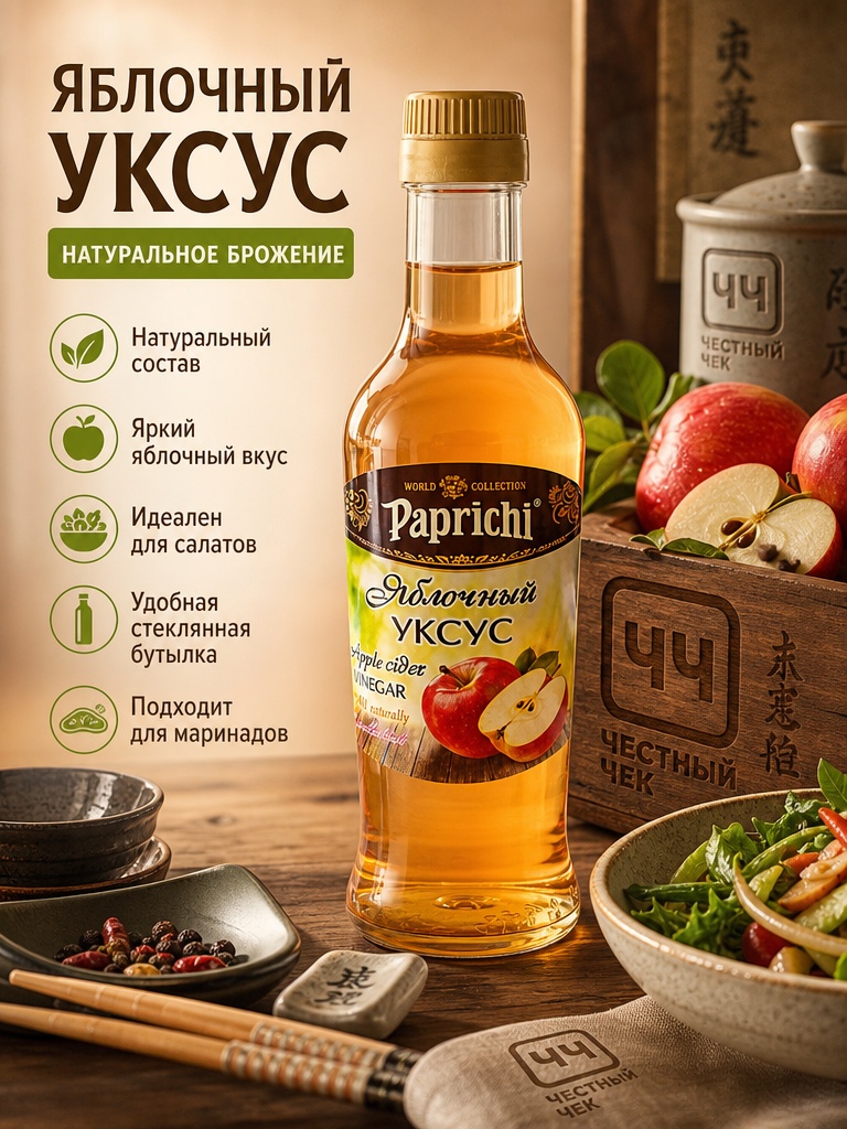 Уксус Яблочный натуральный 220мл с/б Папричи